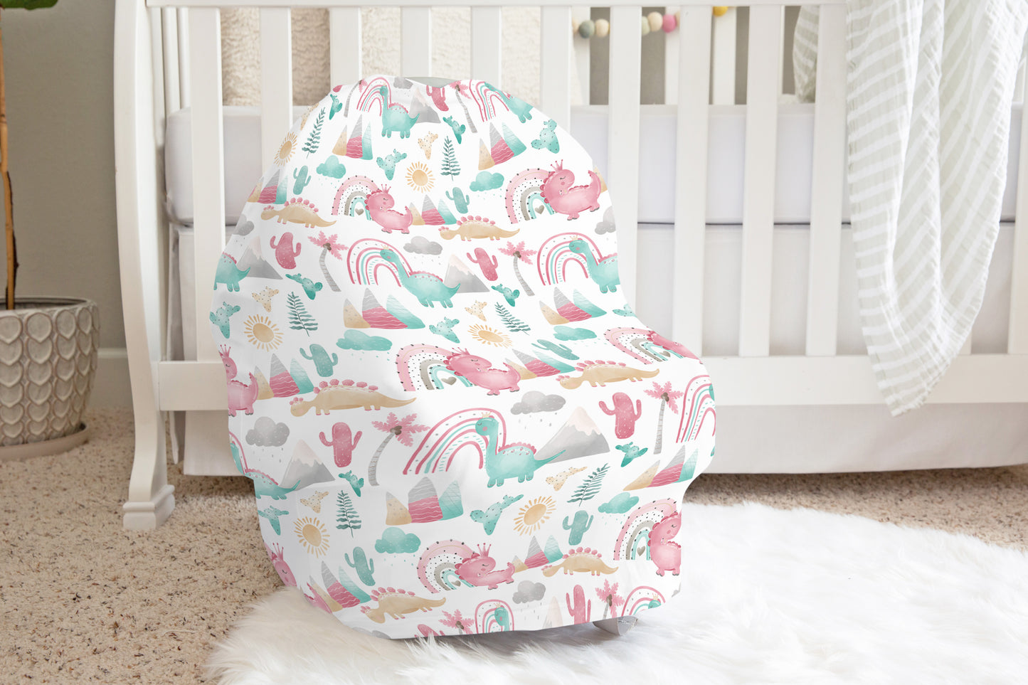 Pink dinosaur carseat cover, Dinosaur nursery decor - Pink Dinosaur