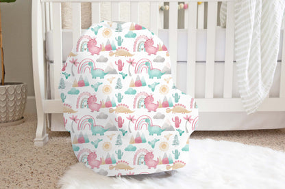 Personalized dinosaur carseat cover, Rainbow dinosaur cover up - Pink Dinosaur