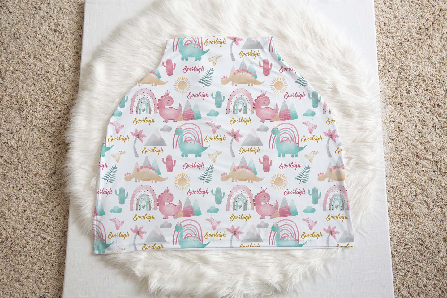 Personalized dinosaur carseat cover, Rainbow dinosaur cover up - Pink Dinosaur