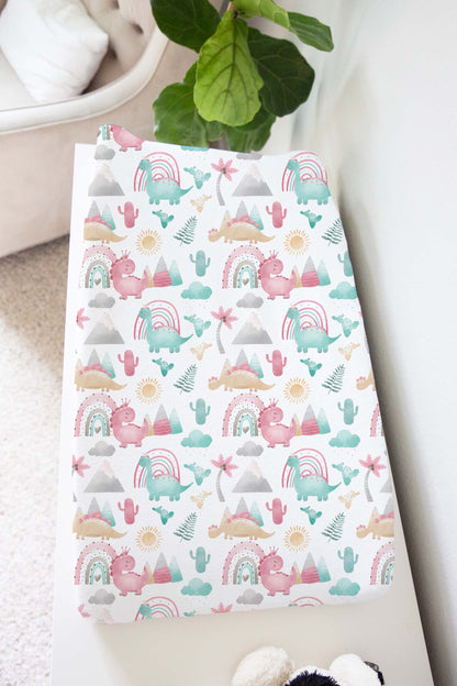 Pink dinosaur Changing Pad Cover, Girl dinosaur crib bedding, Dino nursery decor - Pink Dinosaur