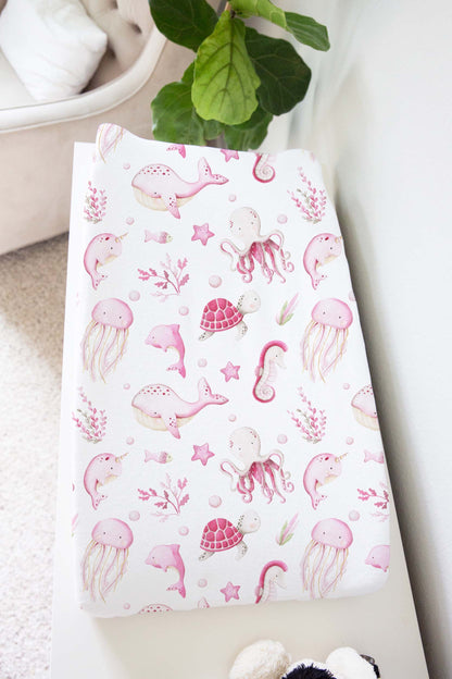 Under the Sea Animals Baby Changing Pad Cover, Pink Under the sea Nursery Decor - Pink Ocean