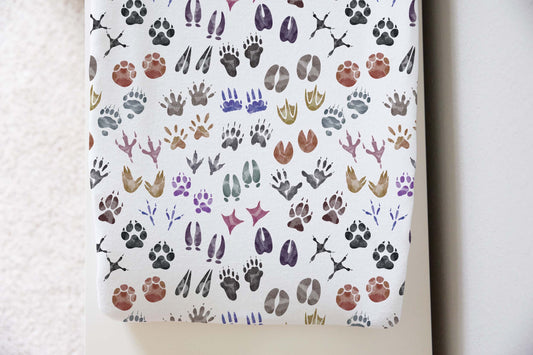 Animal tracks Changing Pad Cover, Woodland nursery decor - Pink Forest