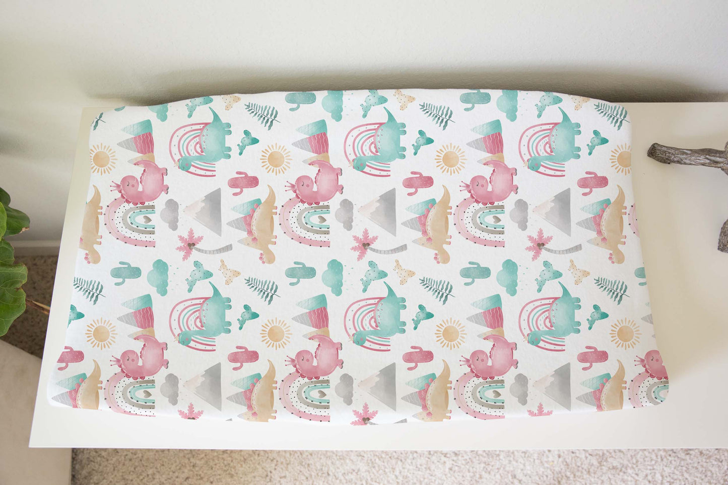 Pink dinosaur Changing Pad Cover, Girl dinosaur crib bedding, Dino nursery decor - Pink Dinosaur