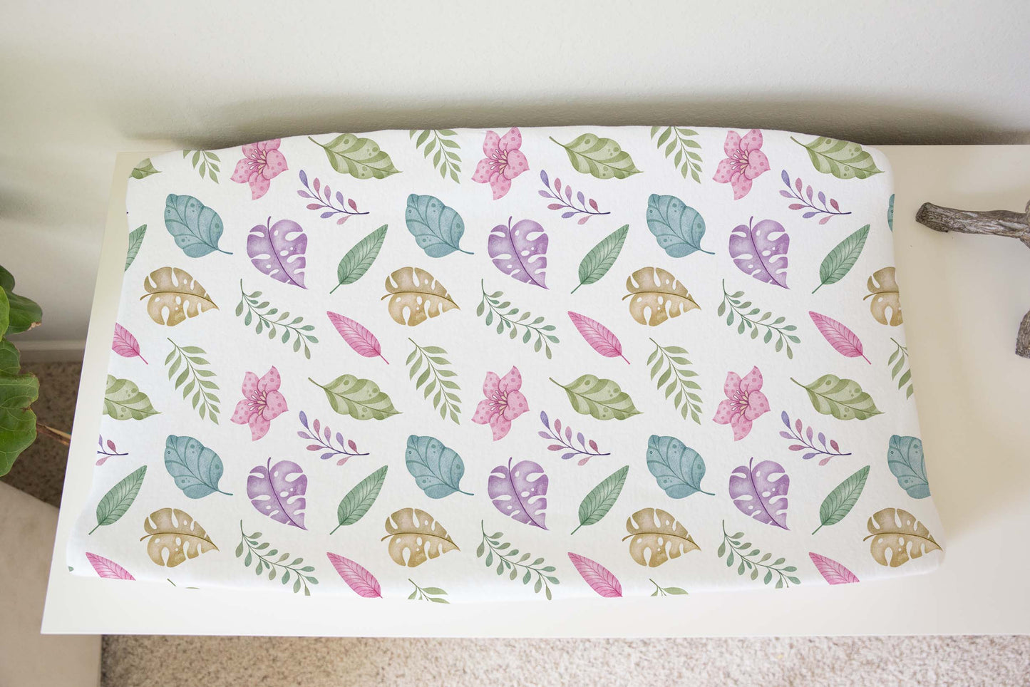 Tropical leaves changing pad cover, Girl tropical nursery decor - Pink Jurassic