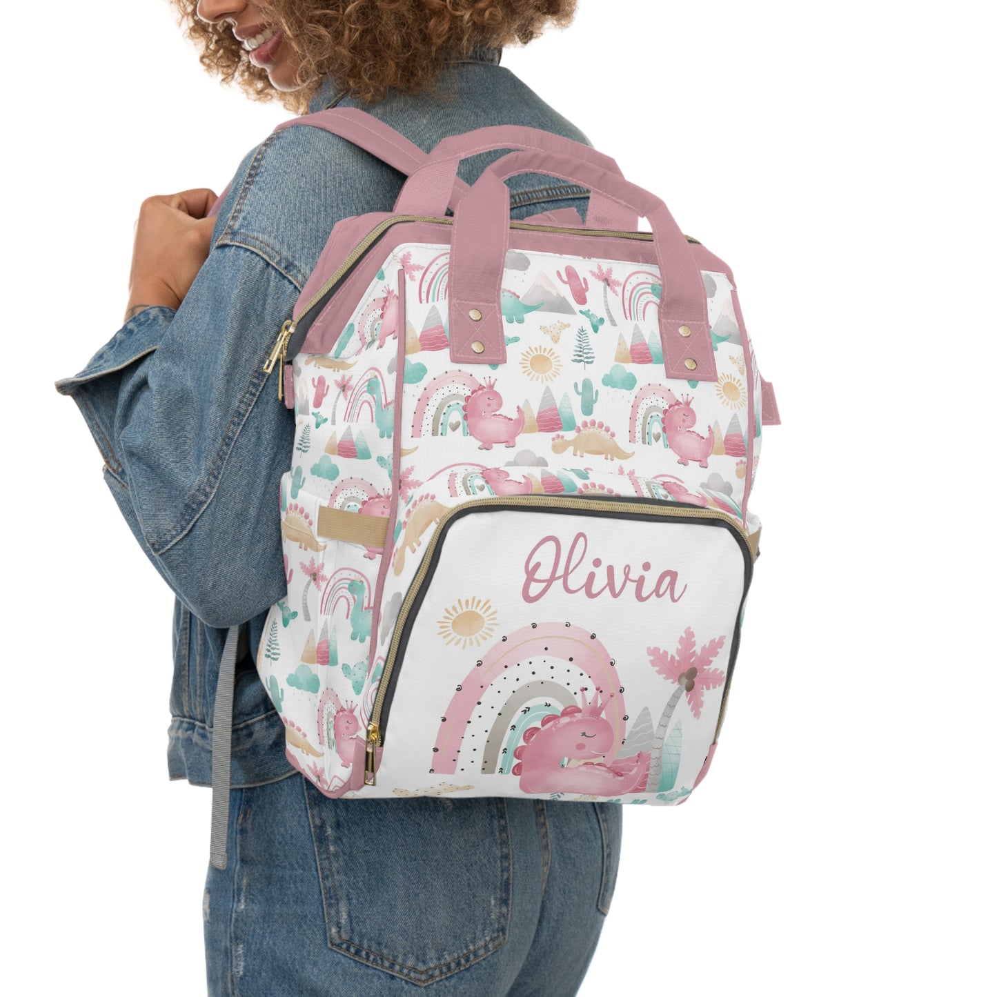 Personalized Pink Dinosaur diaper bag | Girl baby backpack - Pink Dinosaur