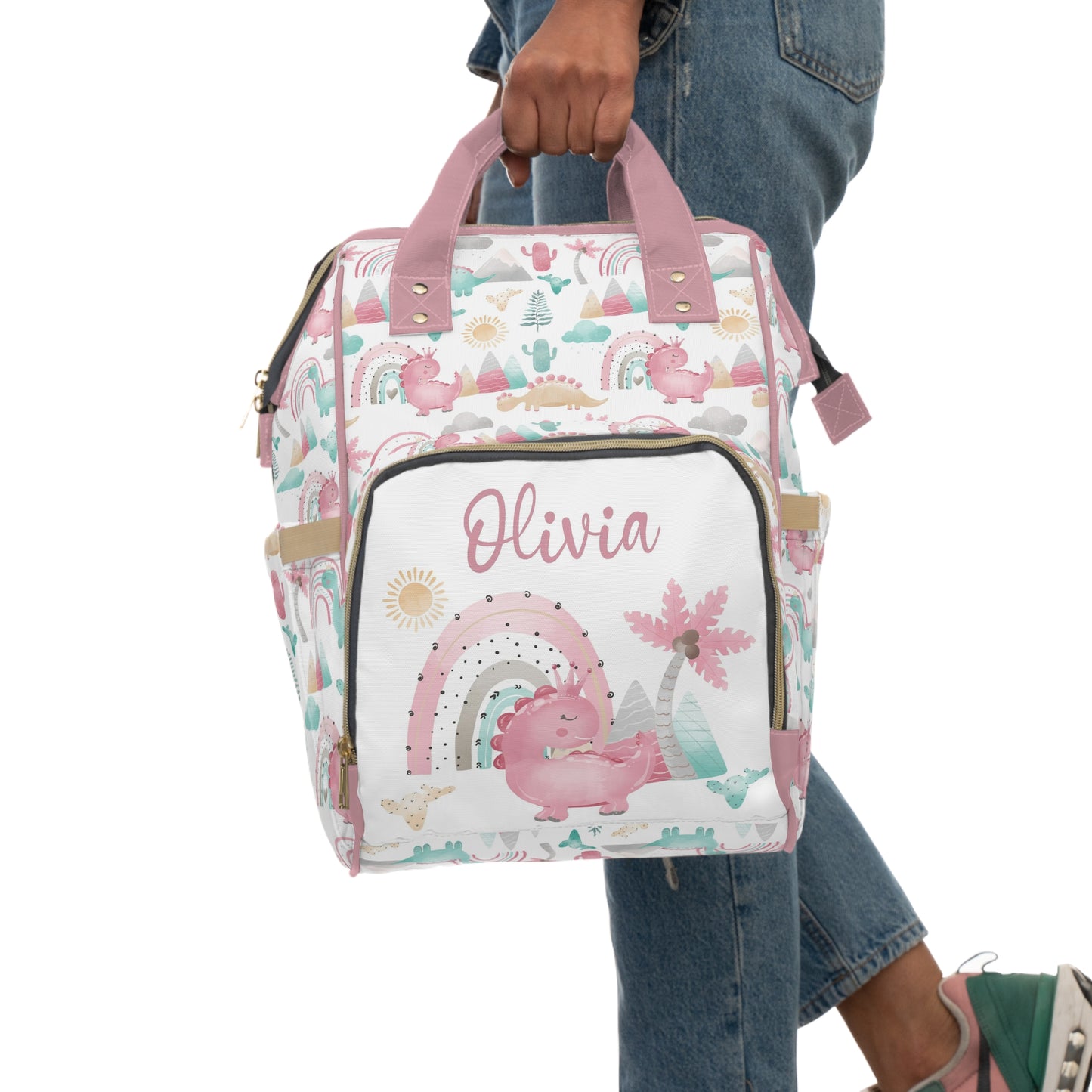 Personalized Pink Dinosaur diaper bag | Girl baby backpack - Pink Dinosaur