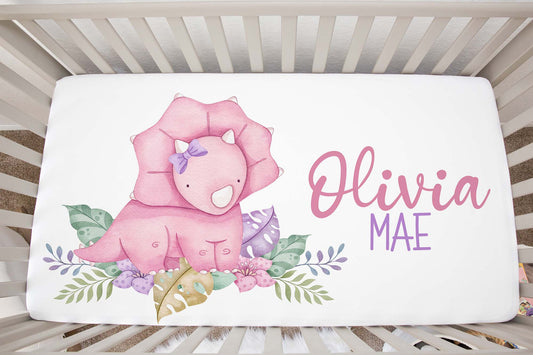 Personalized Girl dinosaur Crib Sheets, Pink Dinosaur nursery bedding - Pink Jurassic