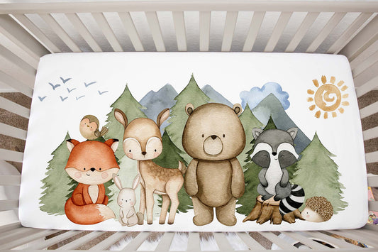 Woodland Crib Sheet, Forest animals nursery decor - Magical Forest