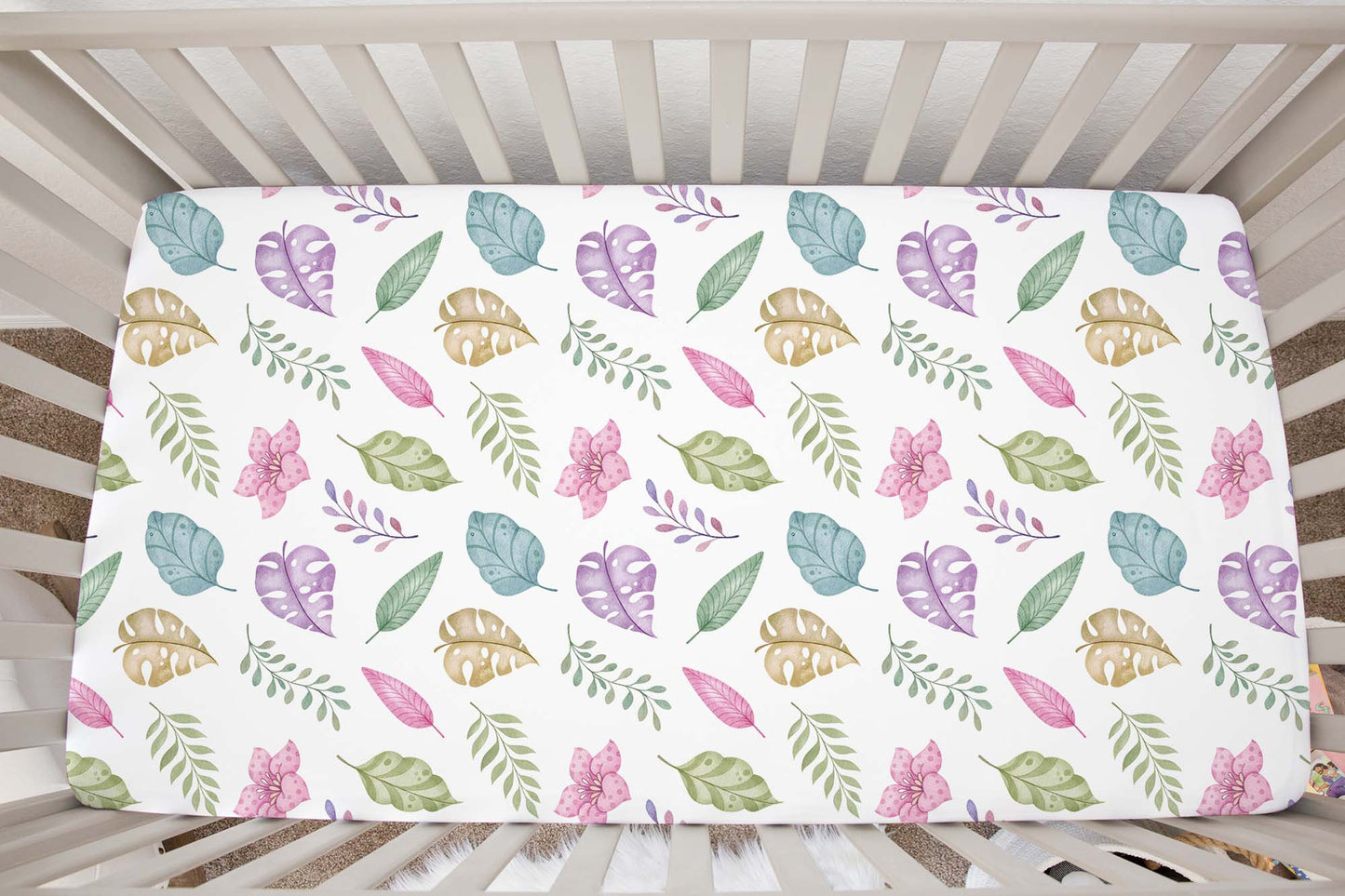 Tropical leaves crib sheet, Girl dinosaur nursery bedding - Pink Jurassic