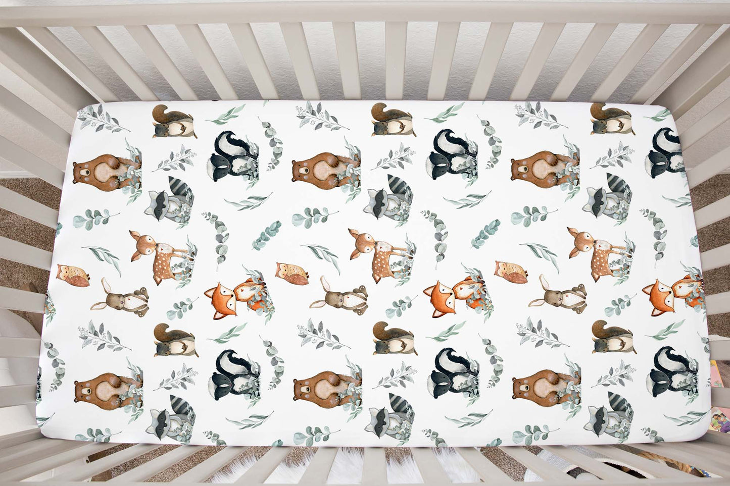 Woodland animals crib sheet Crib Sheet, Woodland nursery bedding - Greenery Woodland