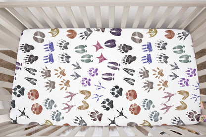 Animal tracks crib sheet, Woodland nursery bedding - Pink Forest