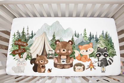 Camping Crib Sheet, Woodland animals nursery bedding - Camping Critters