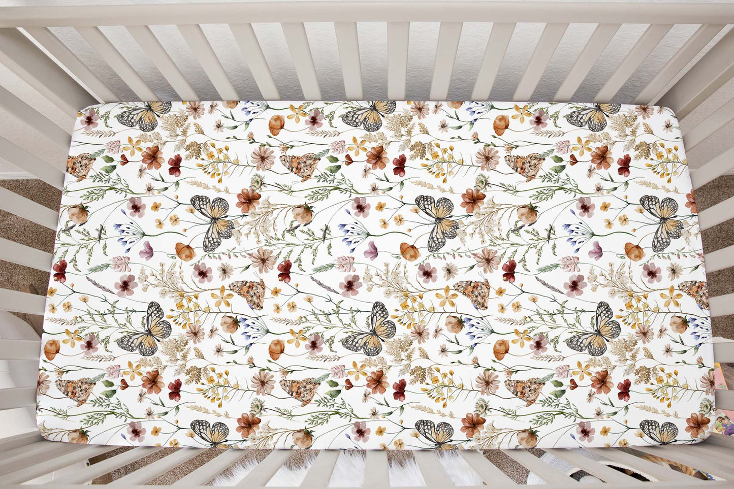 Boho floral Crib Sheet, Wildflower Nursery Bedding - Butterfly garden