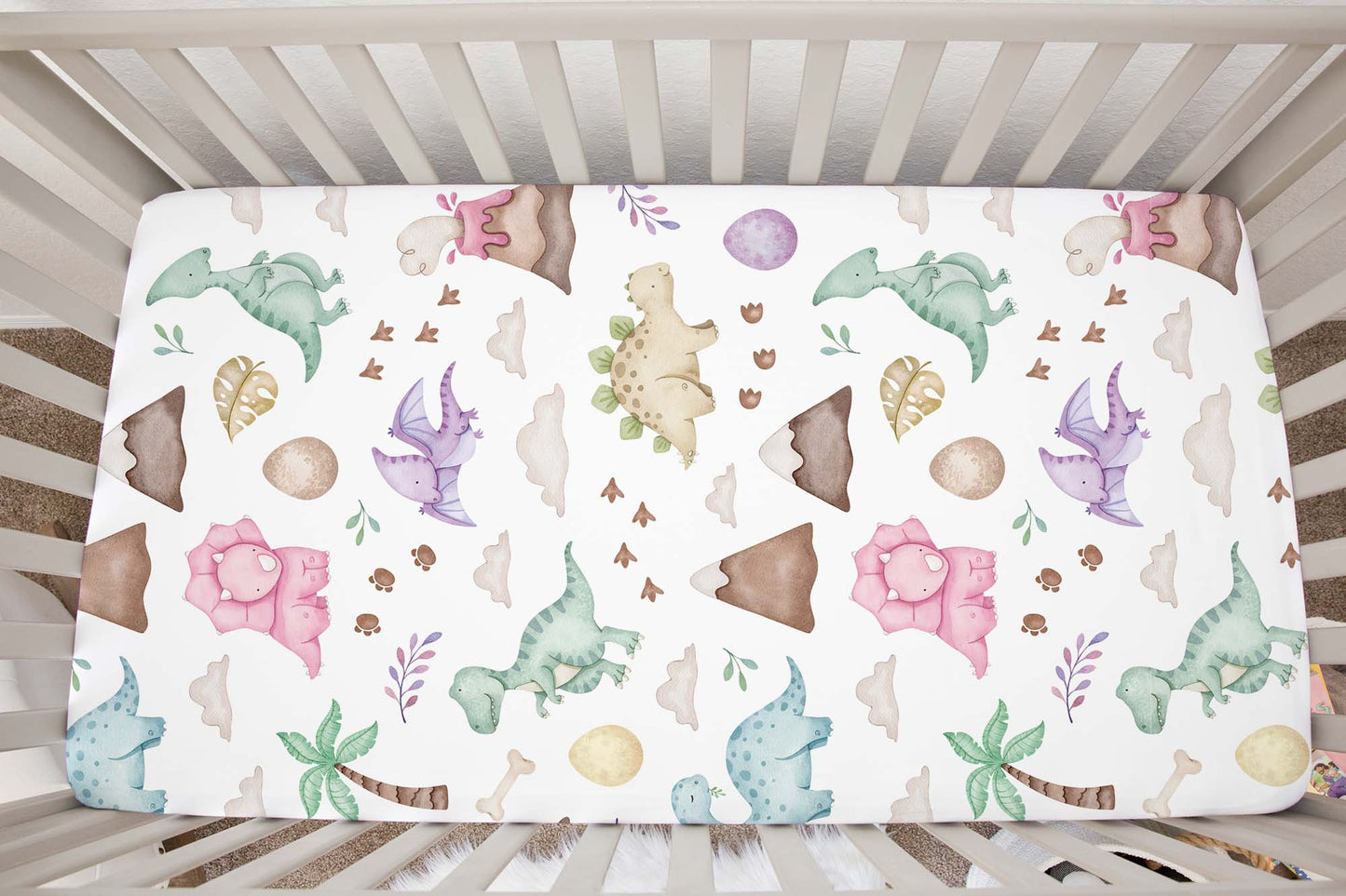 Pink Dinosaur crib sheet, Girl dinosaur nursery bedding - Pink Jurassic