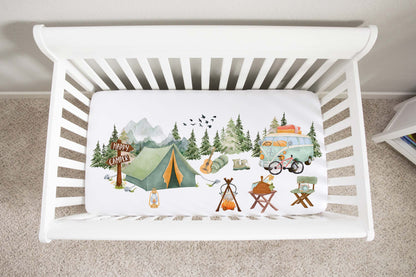 Happy camper crib sheet, Camping nursery bedding - Outdoor Adventures