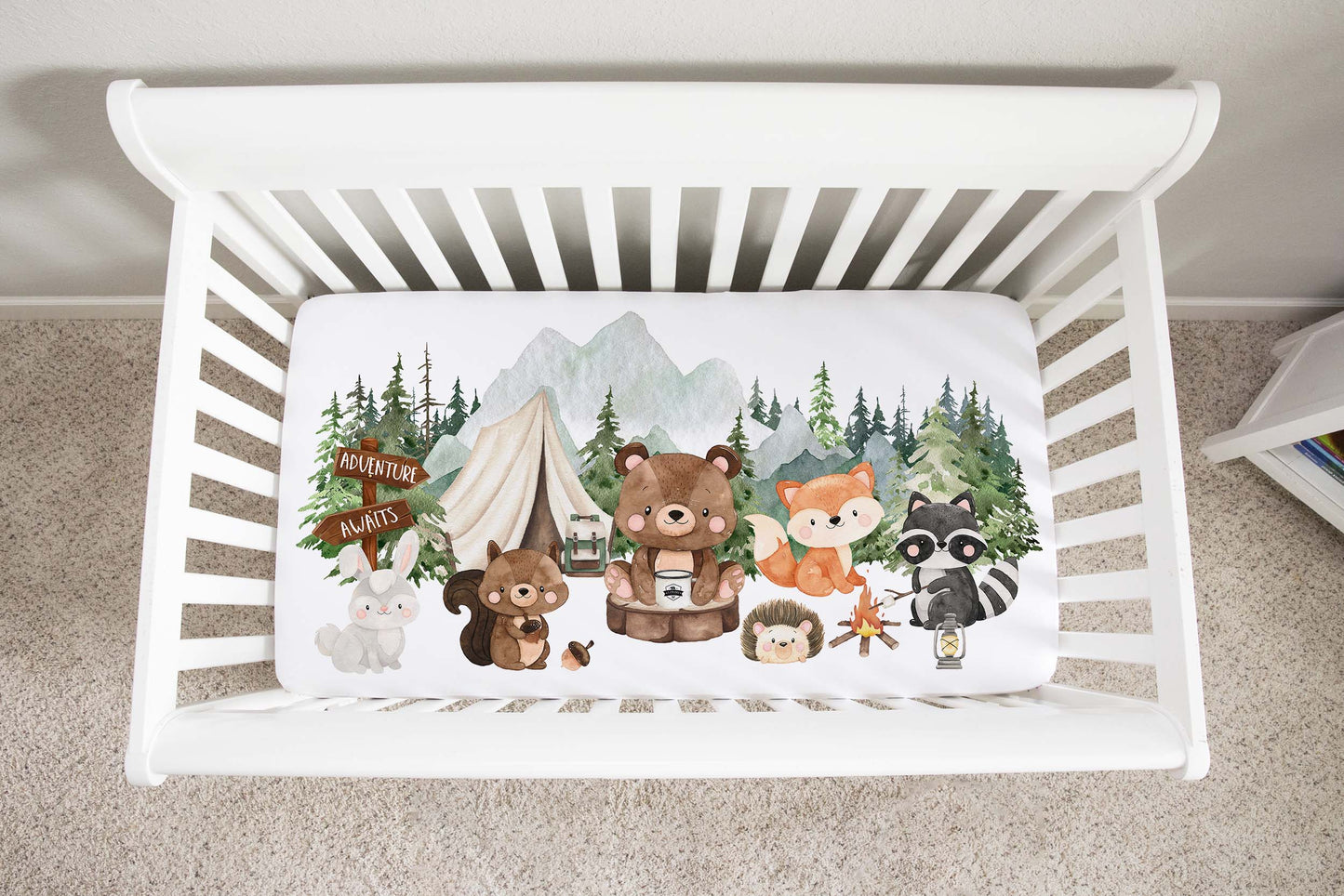 Camping Crib Sheet, Woodland animals nursery bedding - Camping Critters