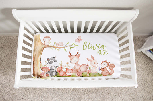 Personalized Girl Woodland Crib Sheet, Girl Forest Animals Nursery Bedding - Baby Woodland