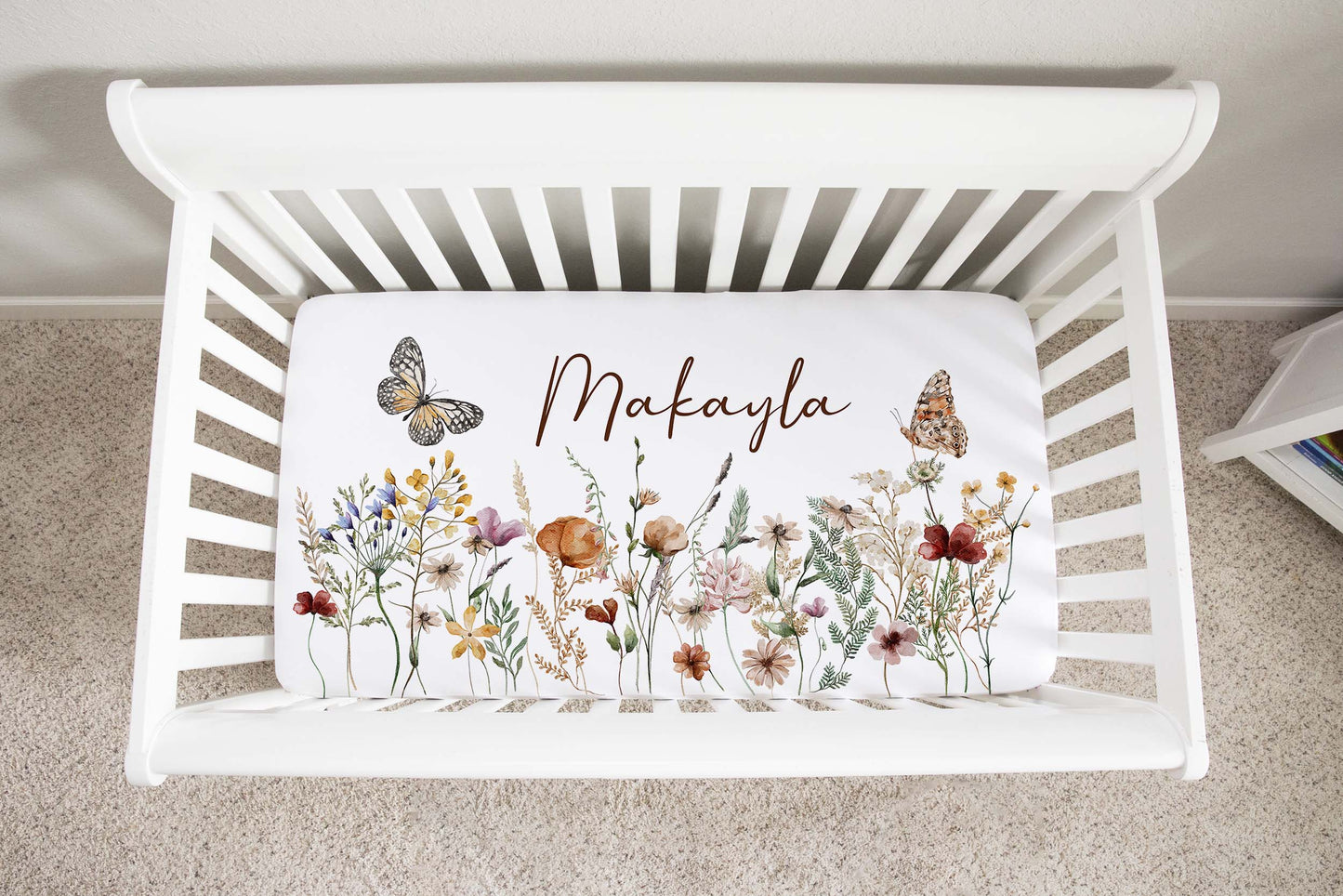 Wildflores Personalized Crib Sheet, Vintage floral Nursery Bedding - Butterfly garden