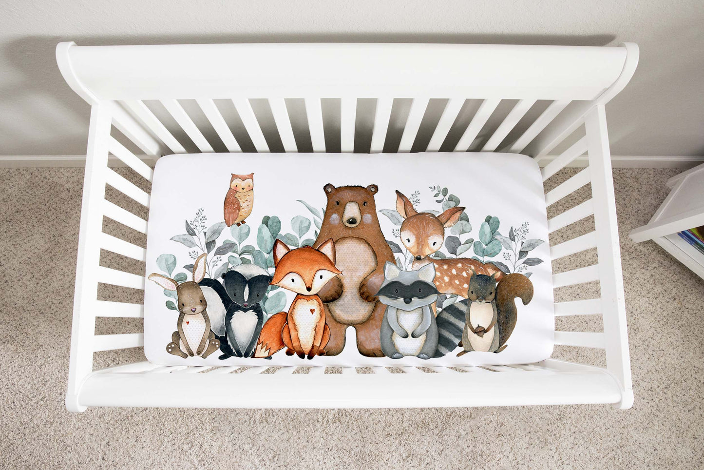 Safari animals crib sheet, Forest nursery bedding - Greenery Woodland