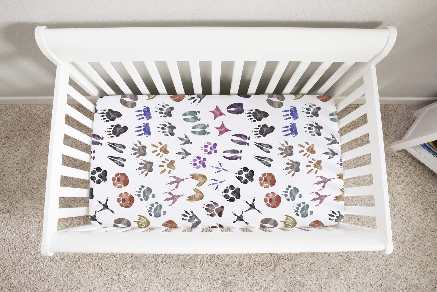 Animal tracks crib sheet, Woodland nursery bedding - Pink Forest