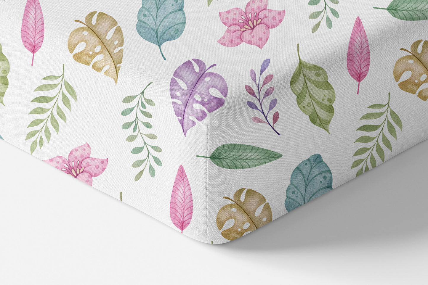 Tropical leaves crib sheet, Girl dinosaur nursery bedding - Pink Jurassic