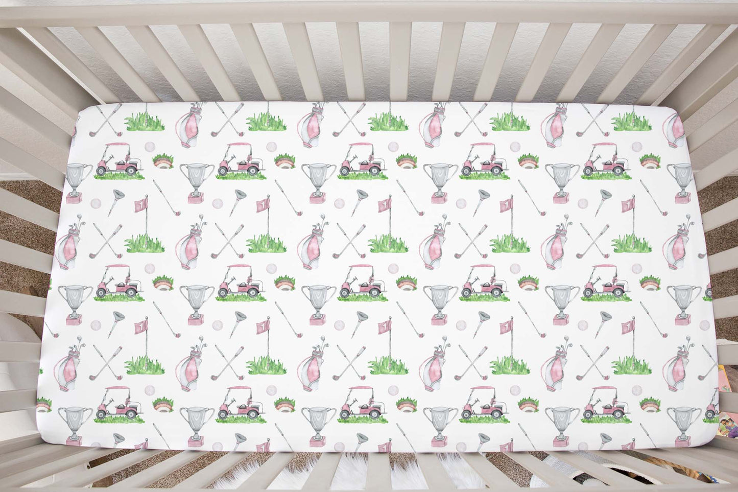 Pink golf crib sheet, Girl golf nursery bedding - Pink Golf