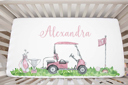 Personalized Girl golf Crib Sheet, Sports nursery decor - Pink Golf