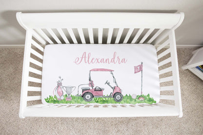 Personalized Girl golf Crib Sheet, Sports nursery decor - Pink Golf