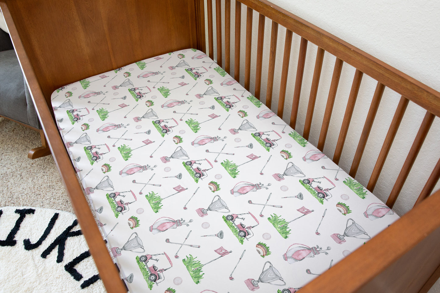 Pink golf crib sheet, Girl golf nursery bedding - Pink Golf