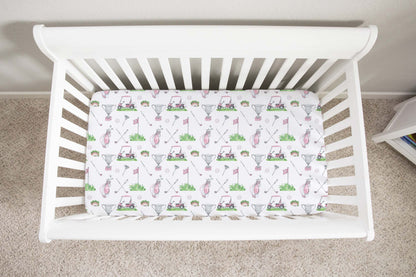 Pink golf crib sheet, Girl golf nursery bedding - Pink Golf