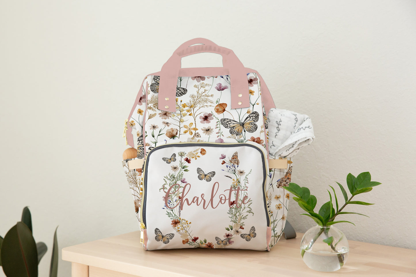 Personalized wildflower diaper bag | Butterflies floral baby backpack - Butterfly Garden