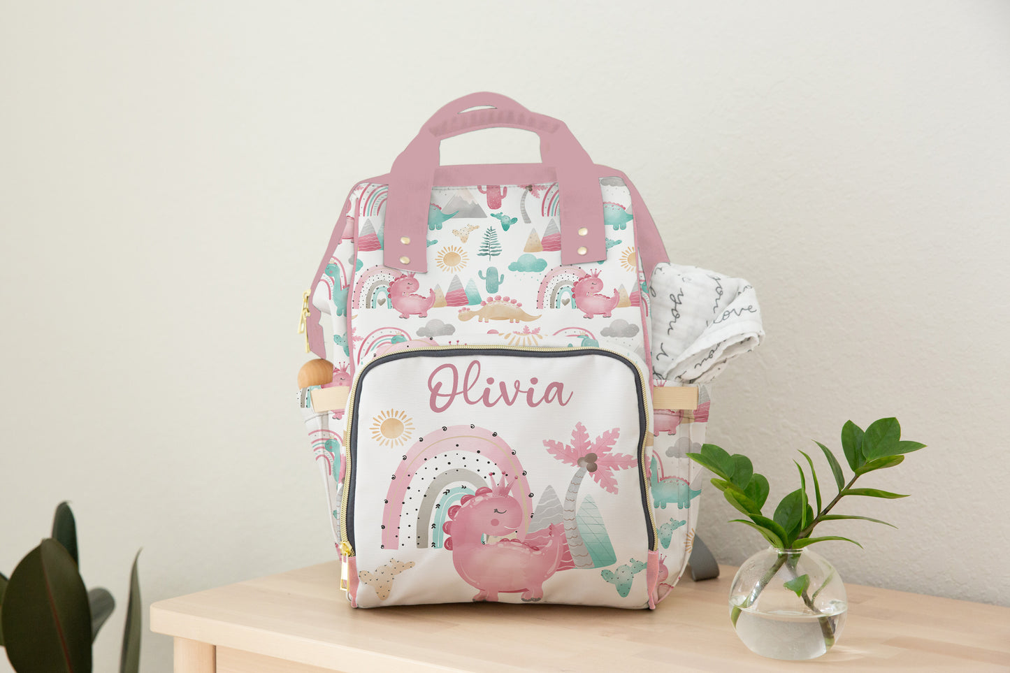 Personalized Pink Dinosaur diaper bag | Girl baby backpack - Pink Dinosaur