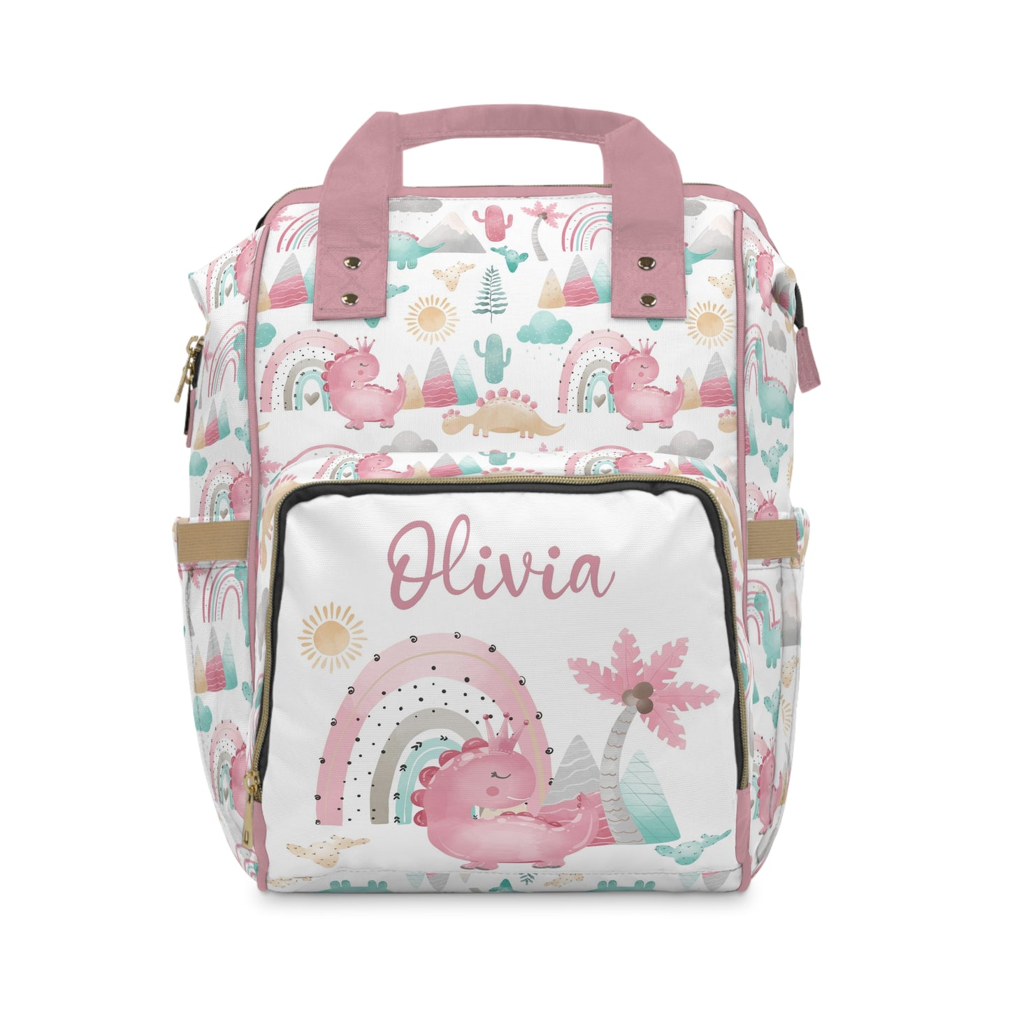 Personalized Pink Dinosaur diaper bag | Girl baby backpack - Pink Dinosaur