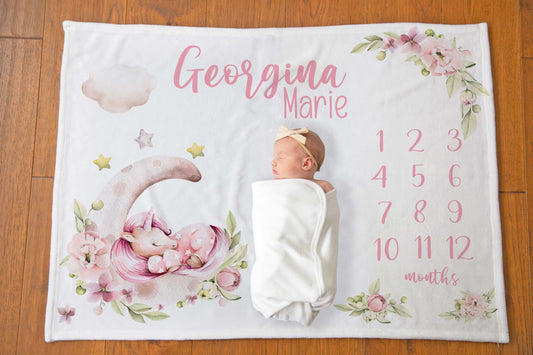 Personalized Unicorn Milestone Blanket - Pink unicorn Baby Blanket - Magical Unicorn