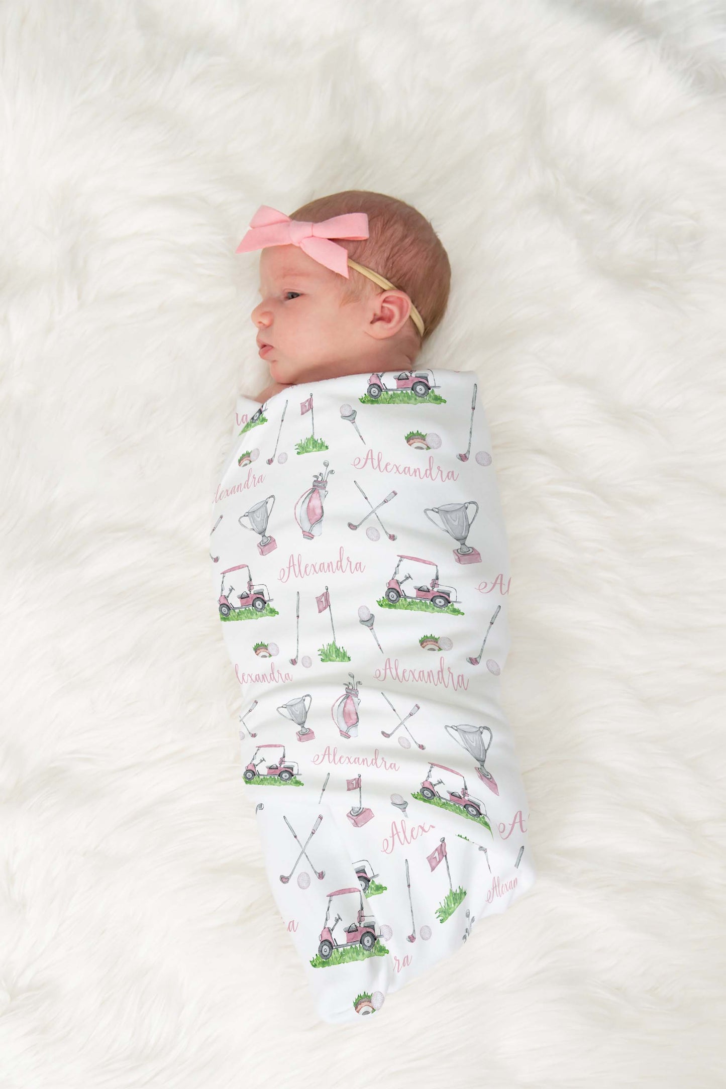 Personalized Girl golf Swaddle Set, Custom Blanket Baby Name - Pink Golf