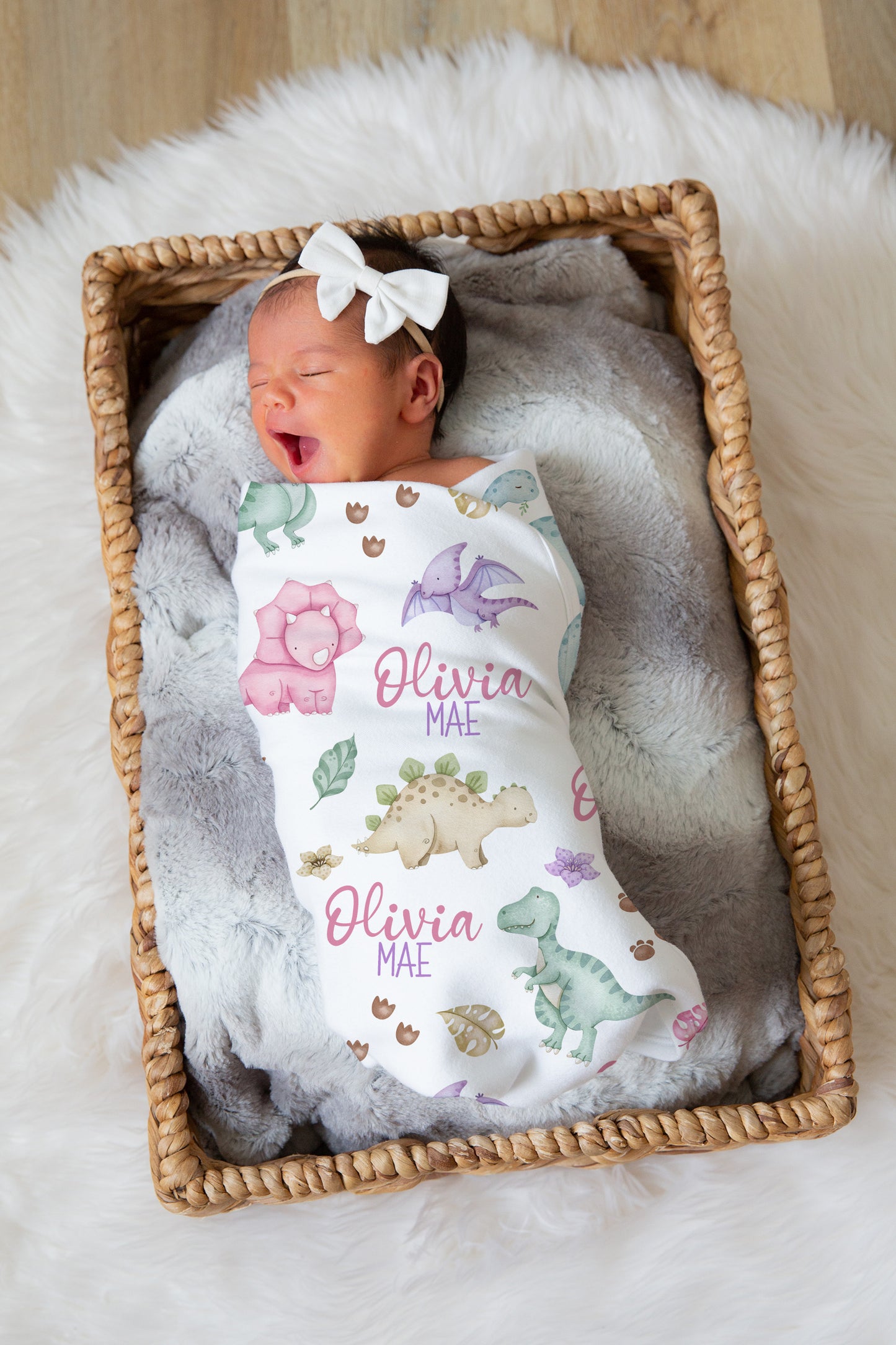 Personalized Pink dinosaur Swaddle Set, Custom Blanket Baby Name - Pink Jurassic