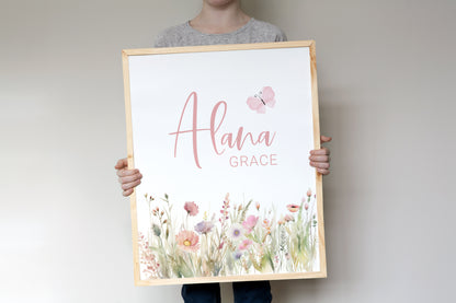 Personalized Name Wildflower Wall Art, Boho Floral Nursery Print Unframed