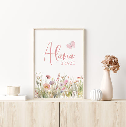 Personalized Name Wildflower Wall Art, Boho Floral Nursery Print Unframed