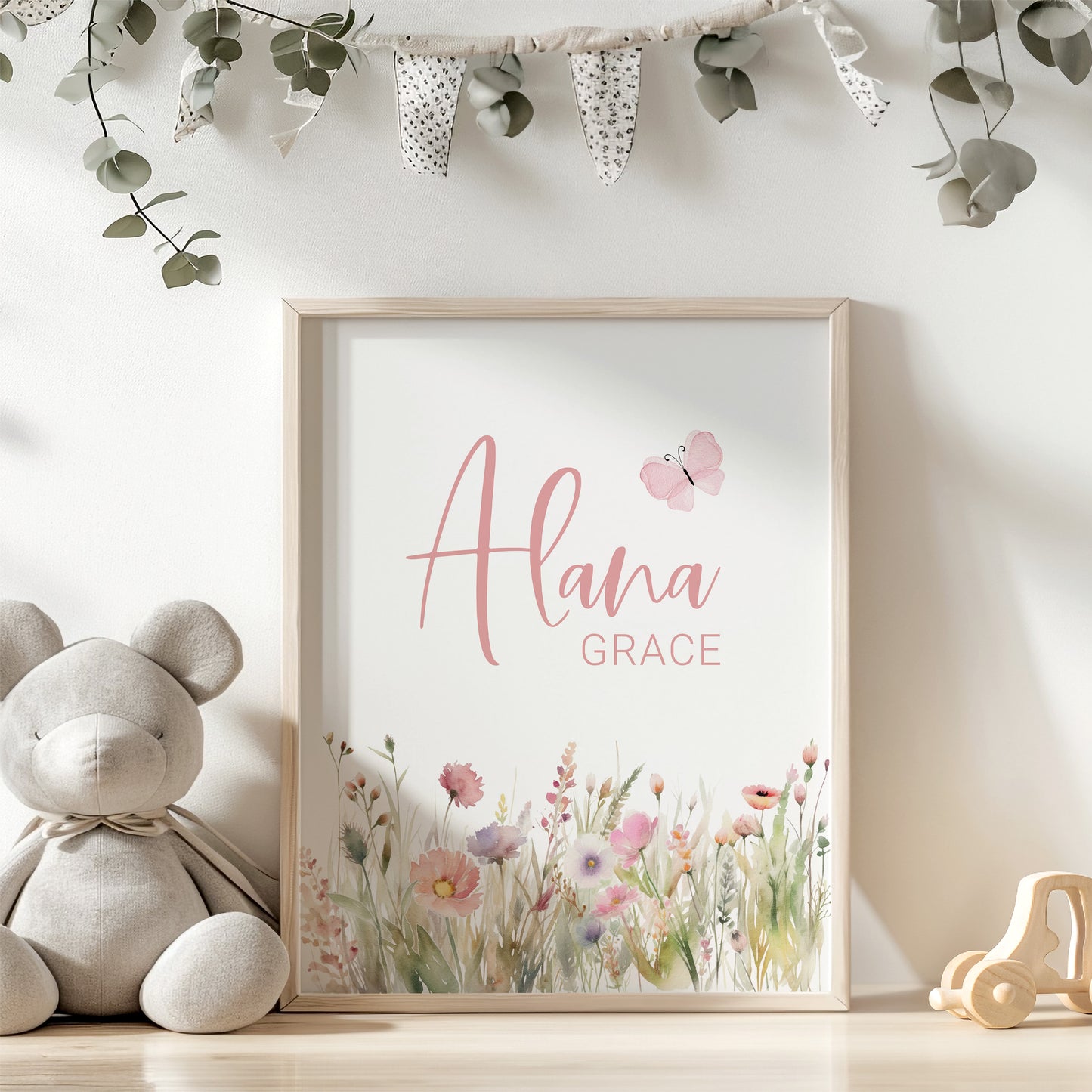 Personalized Name Wildflower Wall Art, Boho Floral Nursery Print Unframed