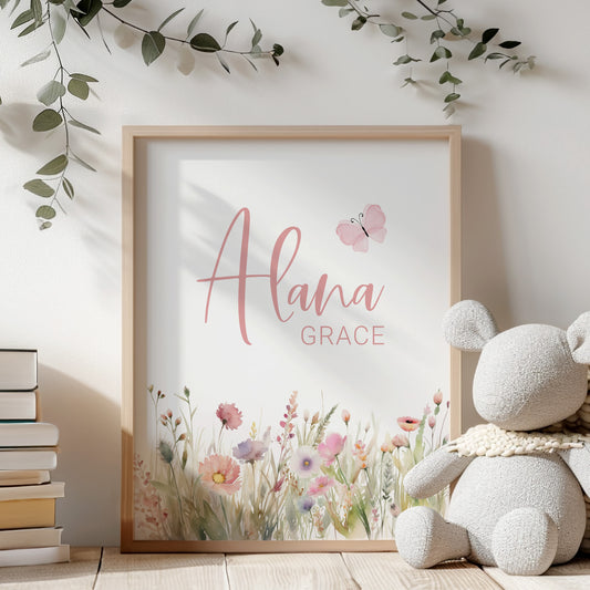 Personalized Name Wildflower Wall Art, Boho Floral Nursery Print Unframed