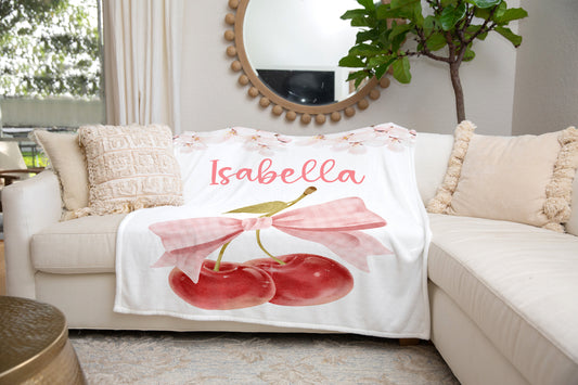 Personalized Coquette Bow Cherry Blanket, Cherry Blossom Girl Blanket - Miss Cherry