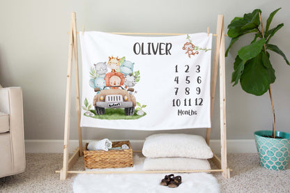 Personalized Safari Milestone Blanket boy - Jungle Baby Blanket - Cute Safari