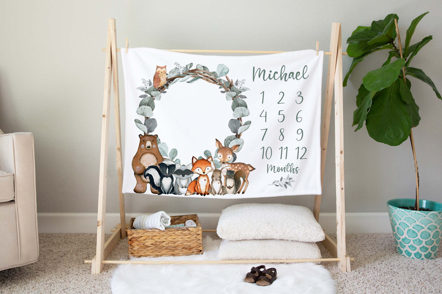 Personalized Woodland animals milestone blanket | Forest milestone blanket - Greenery Woodland