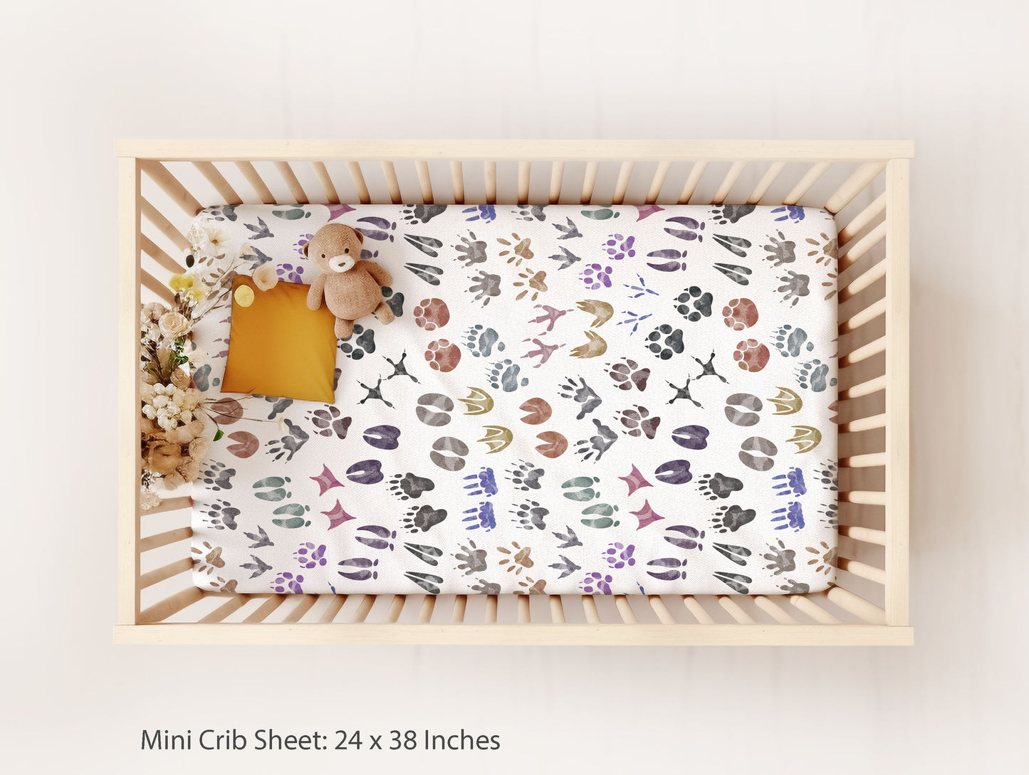 Animal tracks crib sheet, Woodland nursery bedding - Pink Forest