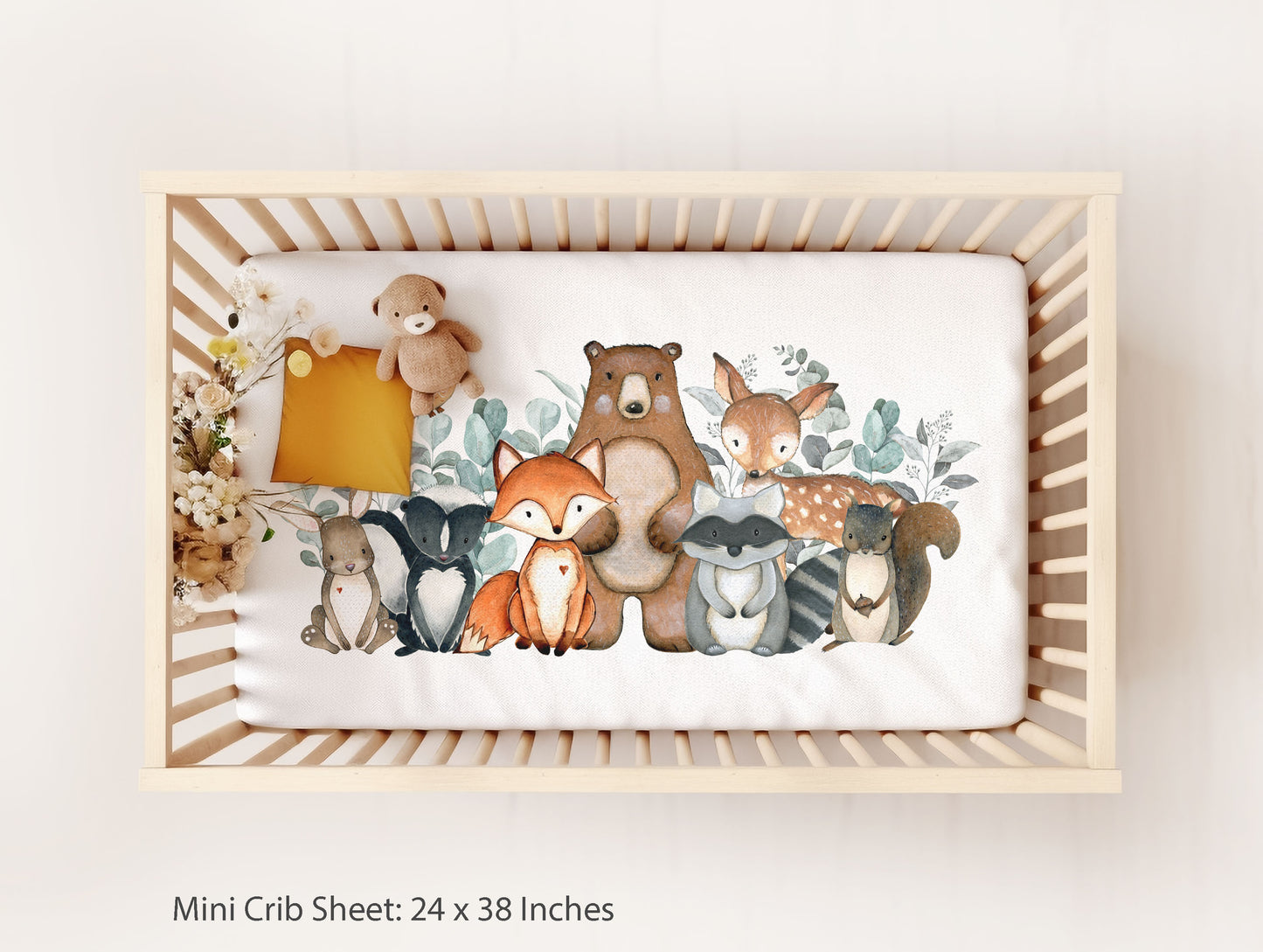 Safari animals crib sheet, Forest nursery bedding - Greenery Woodland