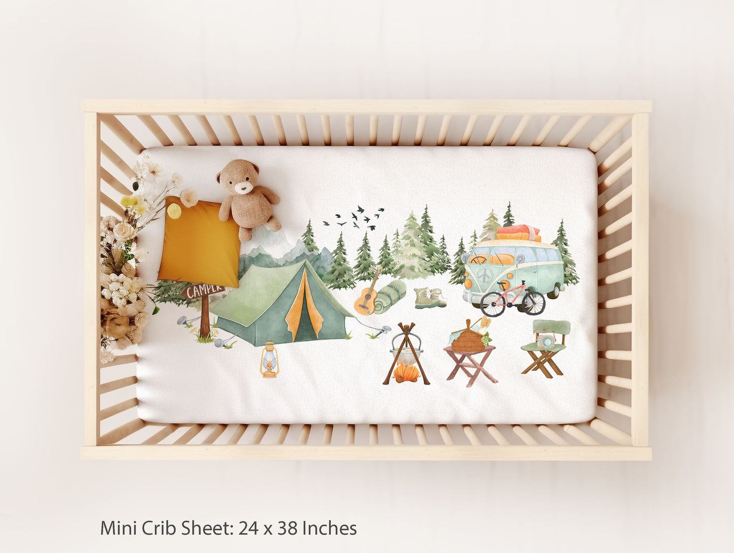 Happy camper crib sheet, Camping nursery bedding - Outdoor Adventures