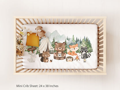 Camping Crib Sheet, Woodland animals nursery bedding - Camping Critters