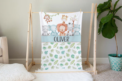 Safari Personalized Minky Blanket, Jungle Nursery Bedding - Cute Safari