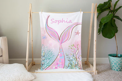 Mermaid Personalized Minky Blanket, Little mermaid Nursery Bedding - Pink Mermaid