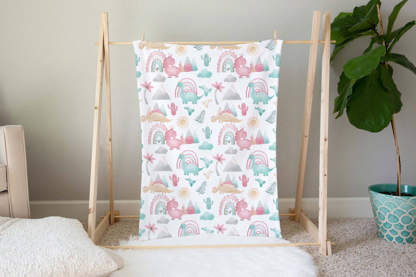 Pink dinosaur blanket, Dinosaur nursery bedding - Pink Dinosaur